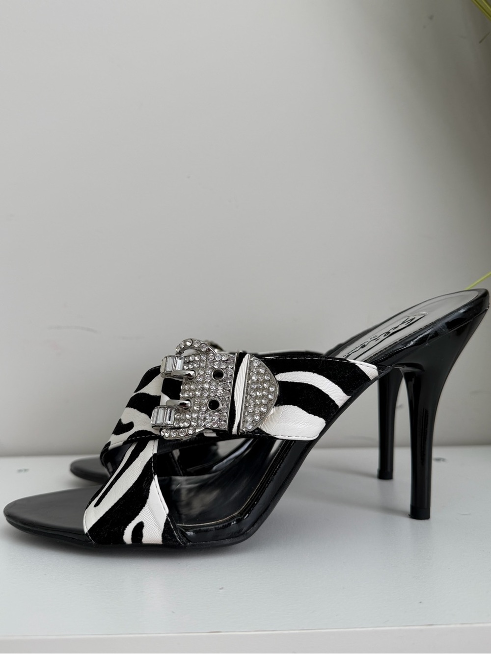 Zebra Print Slide Mule with Crystal Buckle